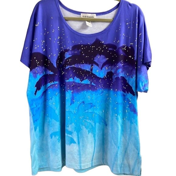 C.D. Daniels Womens Size 1X Short Sleeve Top, Size 1X, Palm Trees, Rhinestones - Picture 2 of 6